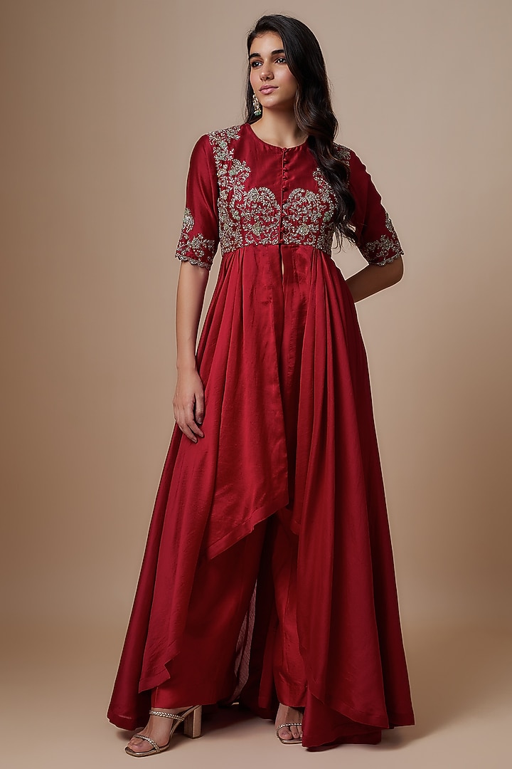 Red Silk Zari Embroidered Wedding Anarkali Set by Jayanti Reddy at Pernia's Pop Up Shop