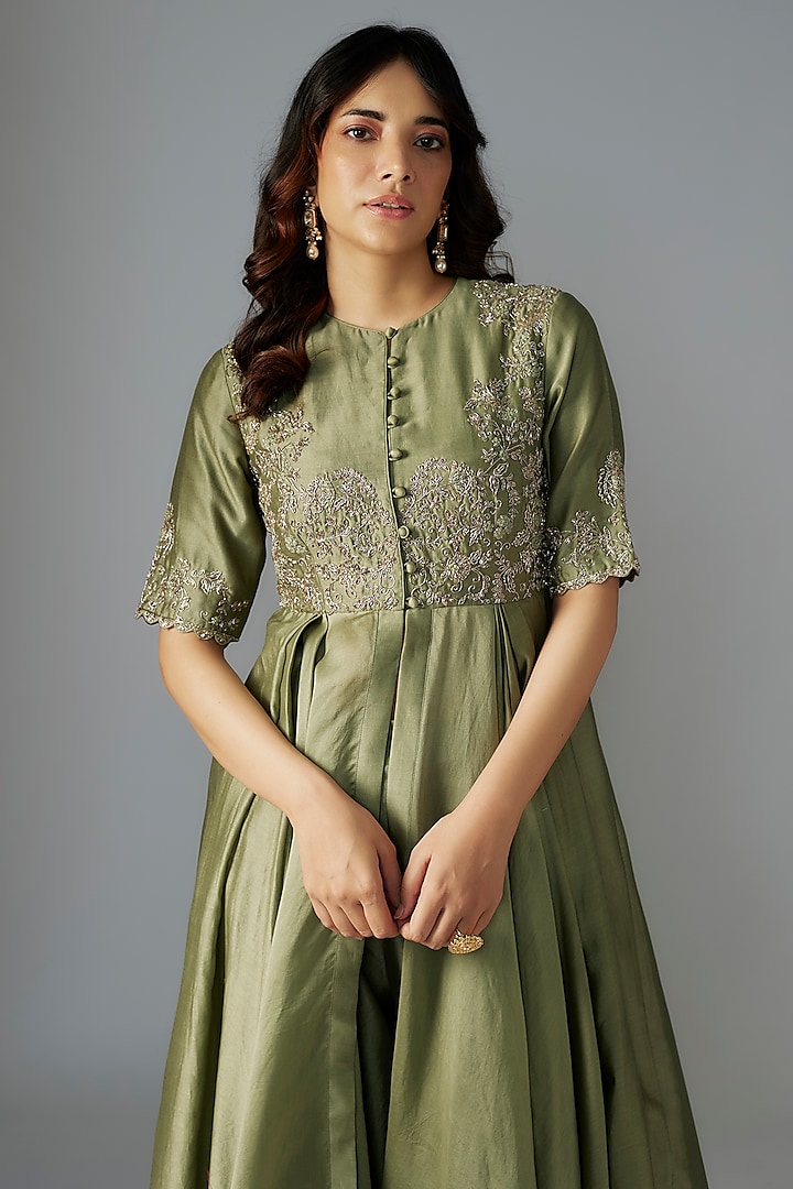 Mint Green Silk Zari Embroidered Wedding Anarkali Set by Jayanti Reddy at Pernia's Pop Up Shop
