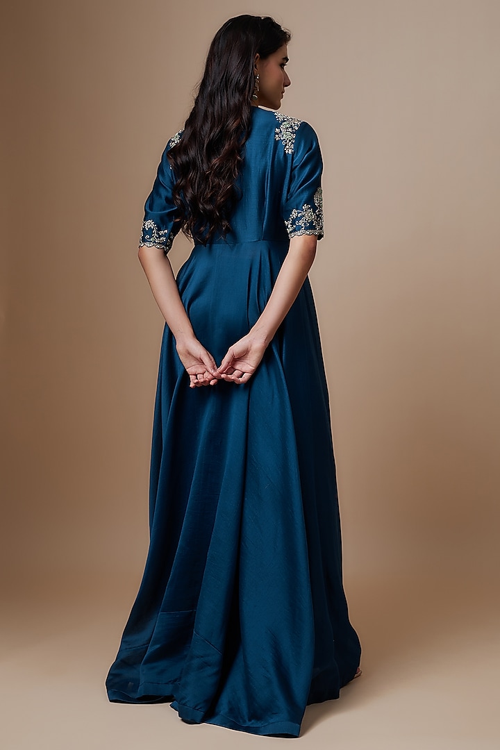 Navy Blue Silk Zari Embroidered Wedding Anarkali Set by Jayanti Reddy at Pernia's Pop Up Shop