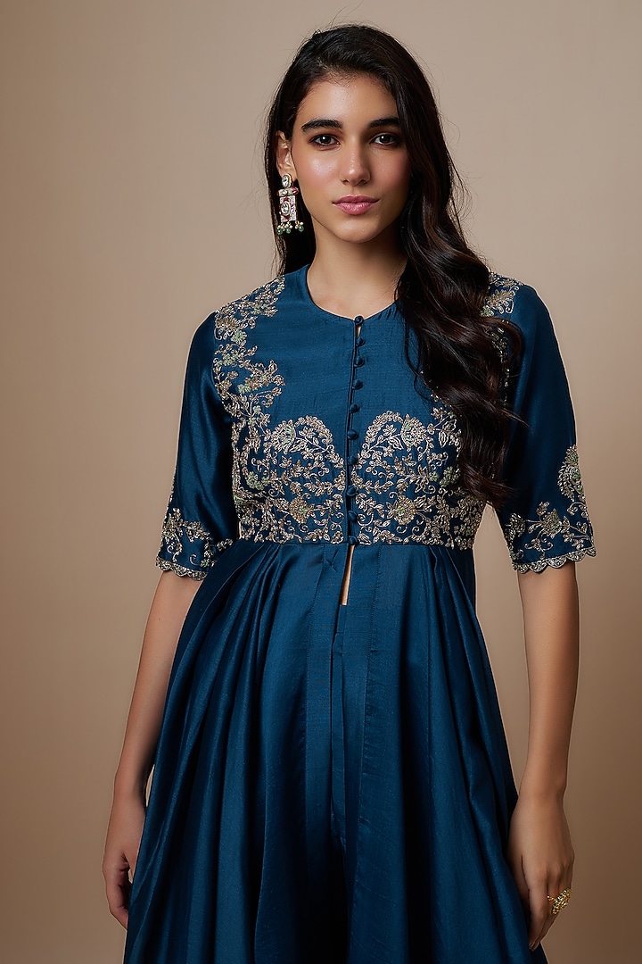 Navy Blue Silk Zari Embroidered Wedding Anarkali Set by Jayanti Reddy at Pernia's Pop Up Shop