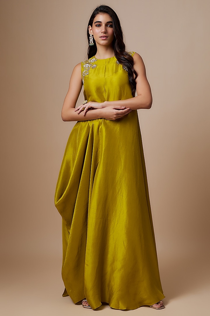Mustard Yellow Silk Zari Embroidered Flowy Maxi Dress by Jayanti Reddy