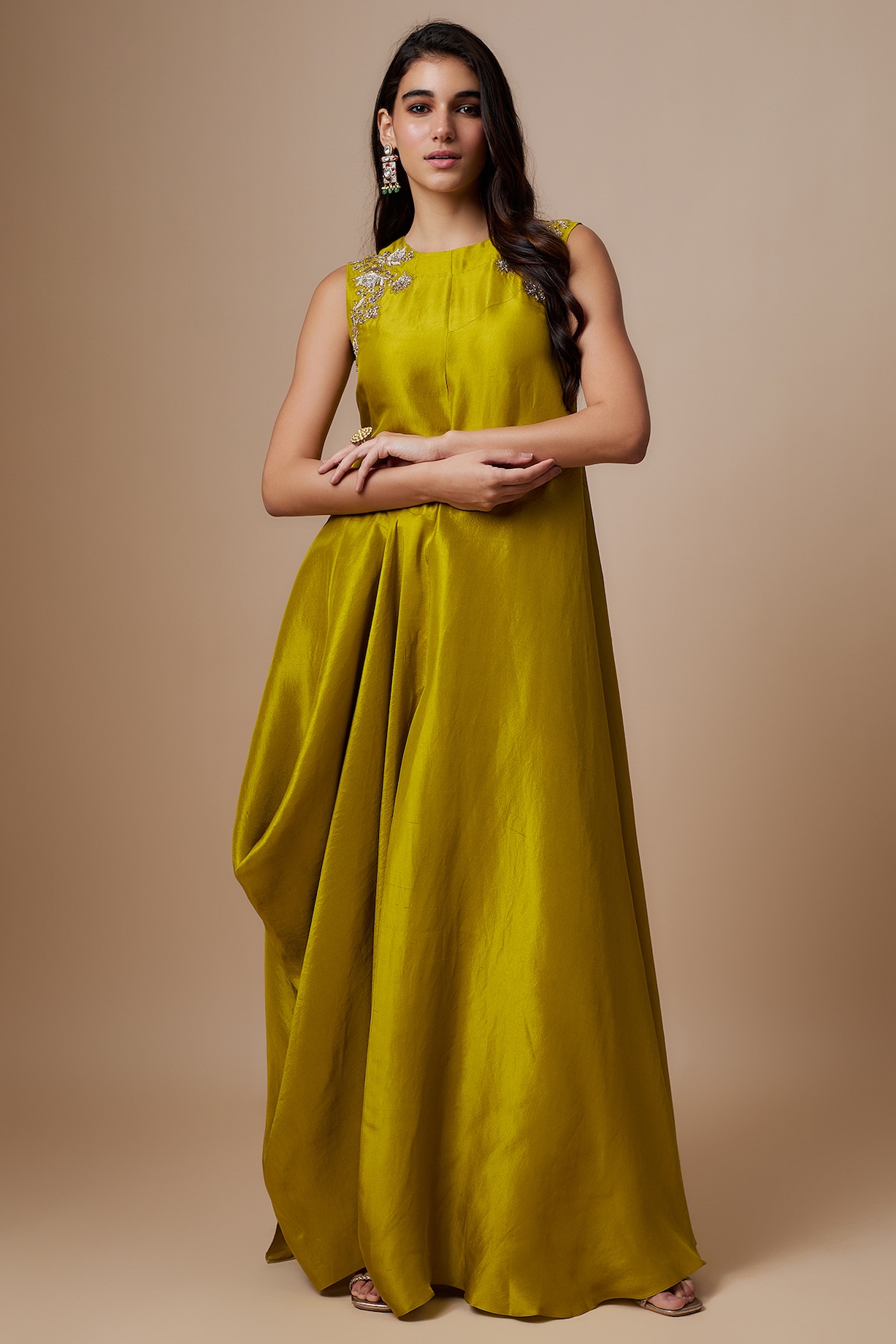 Mustard Yellow Silk Zari Embroidered Flowy Maxi Dress by Jayanti