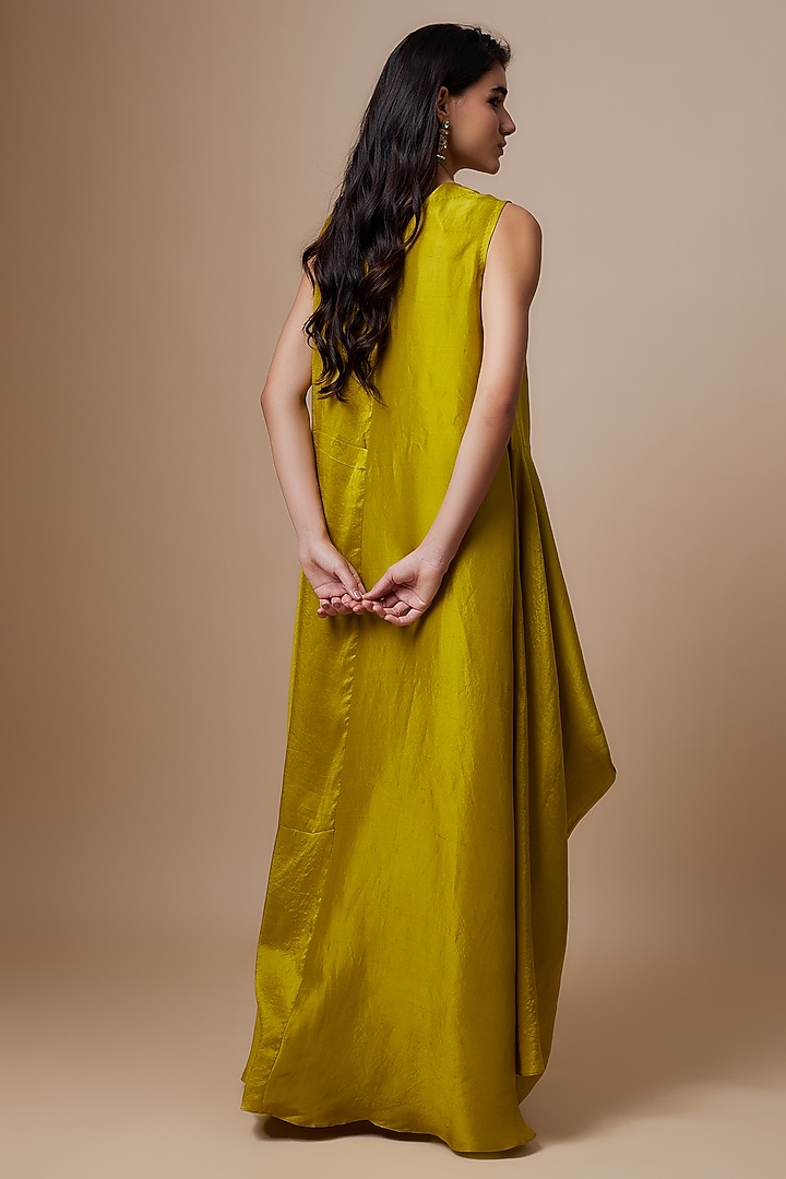 Mustard Yellow Silk Zari Embroidered Flowy Maxi Cocktail Dress by Jayanti Reddy at Pernia's Pop Up Shop