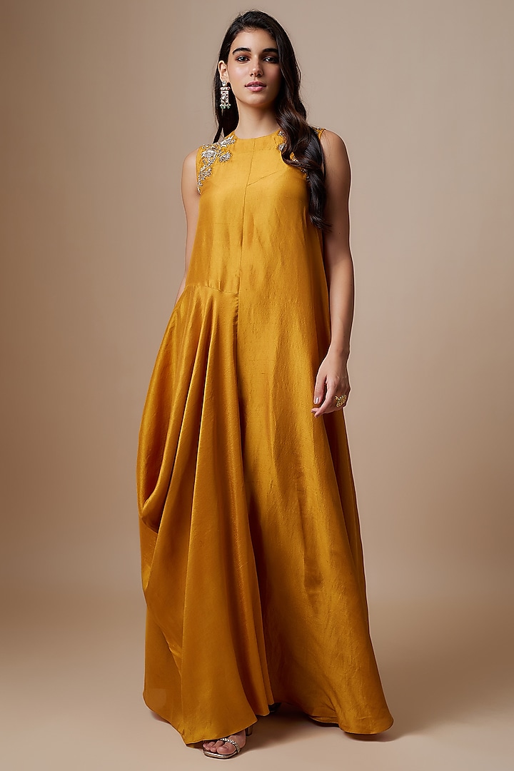 Mango Yellow Silk Zari Embroidered Flowy Maxi Dress by Jayanti Reddy