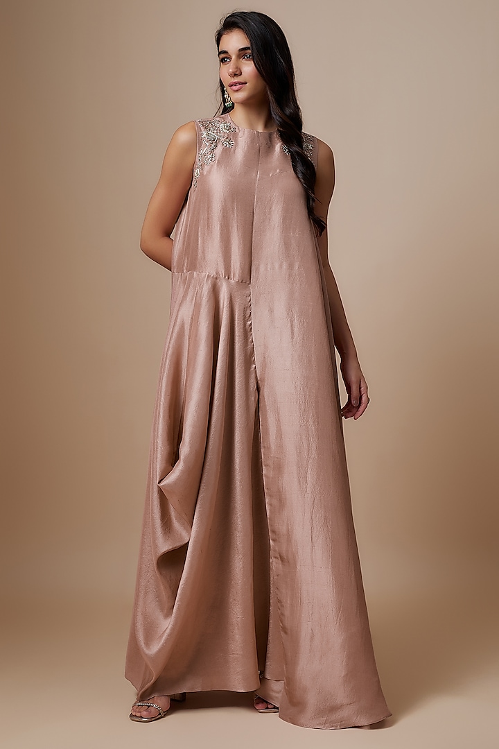 Peach Silk Zari Embroidered Flowy Maxi Dress by Jayanti Reddy