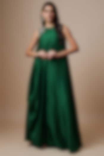 Emerald Green Silk Zari Embroidered Flowy Maxi Dress by Jayanti Reddy