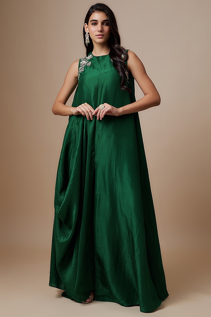 Emerald Green Silk Zari Embroidered Flowy Maxi Dress by Jayanti Reddy