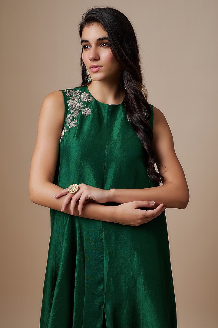 Emerald Green Silk Zari Embroidered Flowy Maxi Cocktail Dress by Jayanti Reddy at Pernia's Pop Up Shop