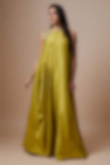 Lime Green Silk Zari Embroidered Flowy Maxi Dress by Jayanti Reddy