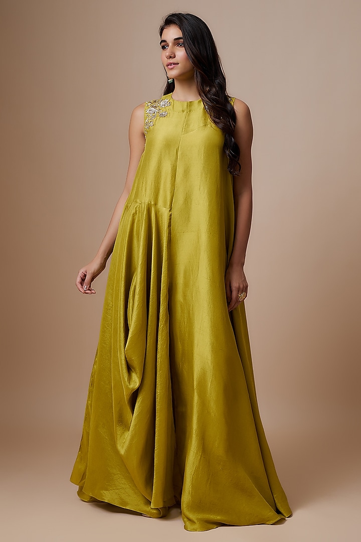 Lime Green Silk Zari Embroidered Flowy Maxi Dress by Jayanti Reddy
