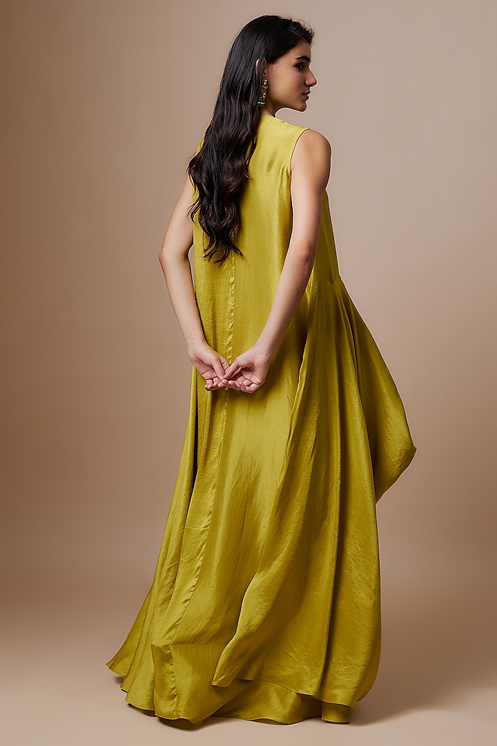 Lime Green Silk Zari Embroidered Flowy Maxi Cocktail Dress by Jayanti Reddy at Pernia's Pop Up Shop