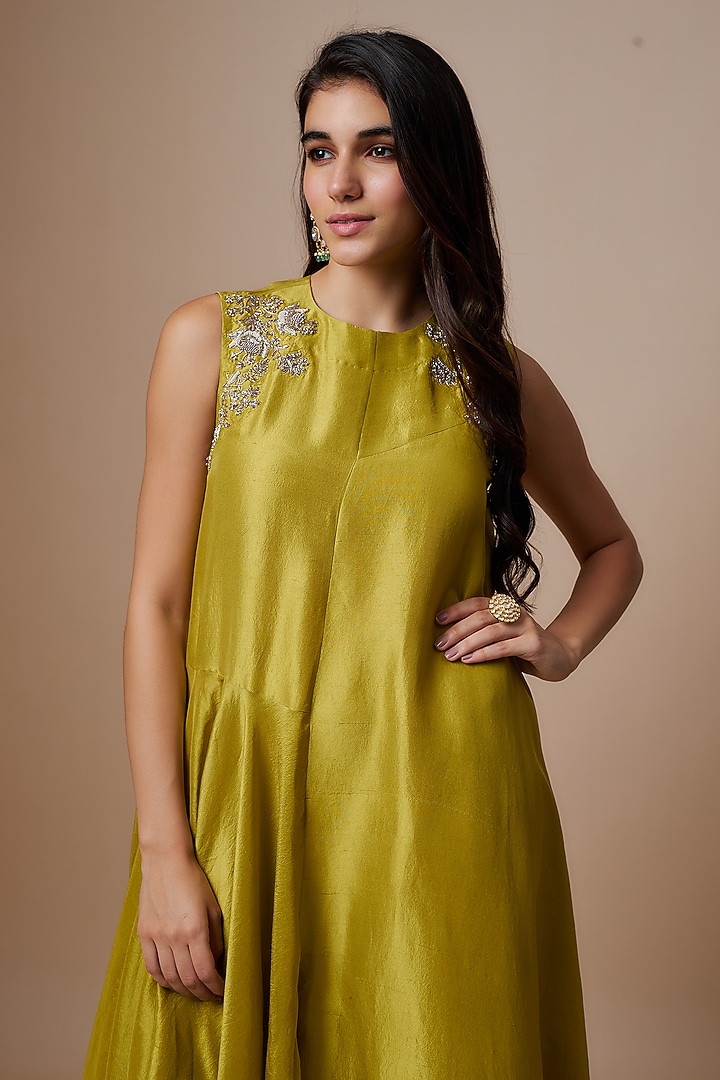 Lime Green Silk Zari Embroidered Flowy Maxi Cocktail Dress by Jayanti Reddy at Pernia's Pop Up Shop