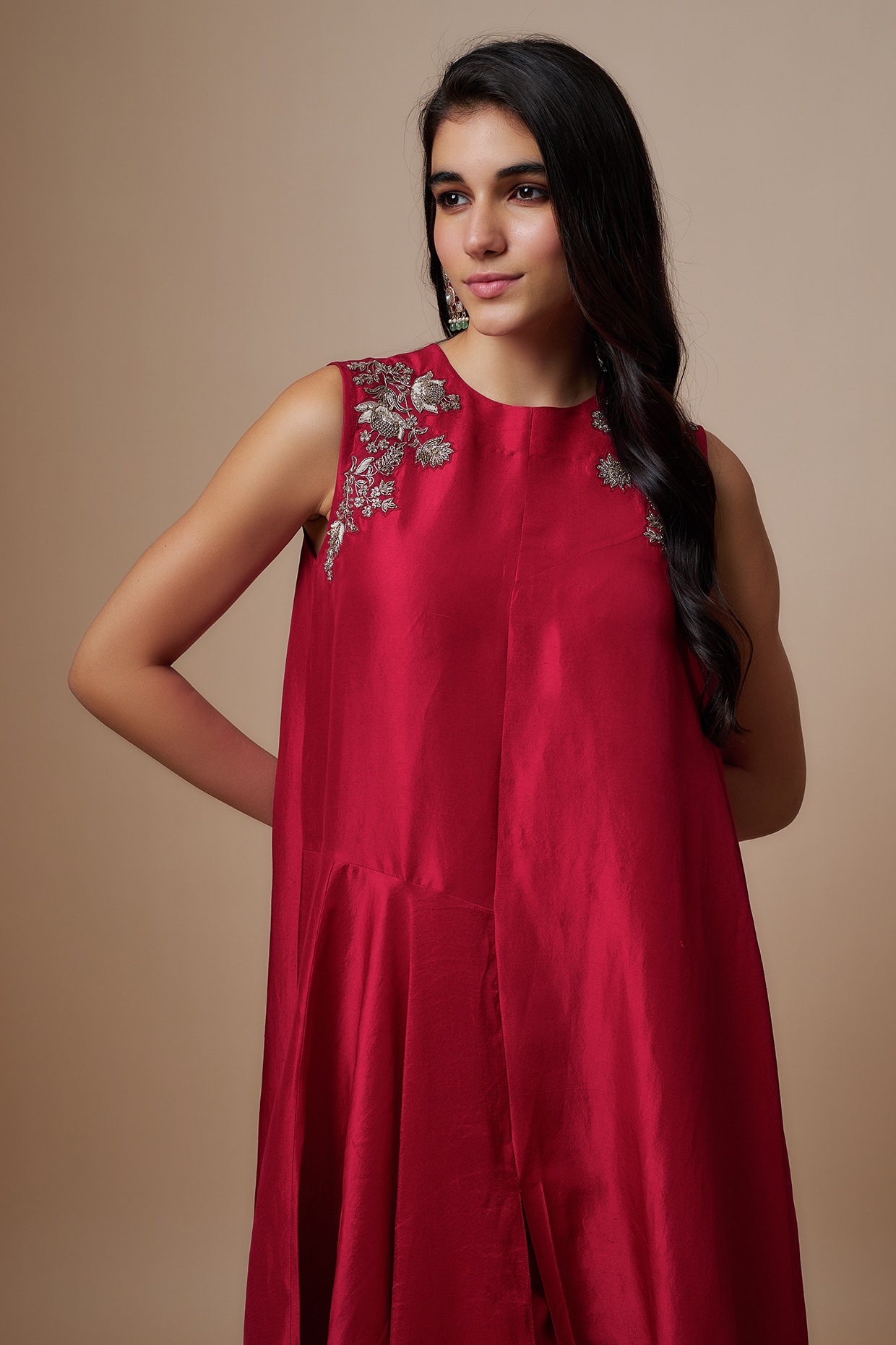 Red Silk Zari Embroidered Flowy Maxi Dress by Jayanti Reddy at Pernia s Pop Up Shop 2024