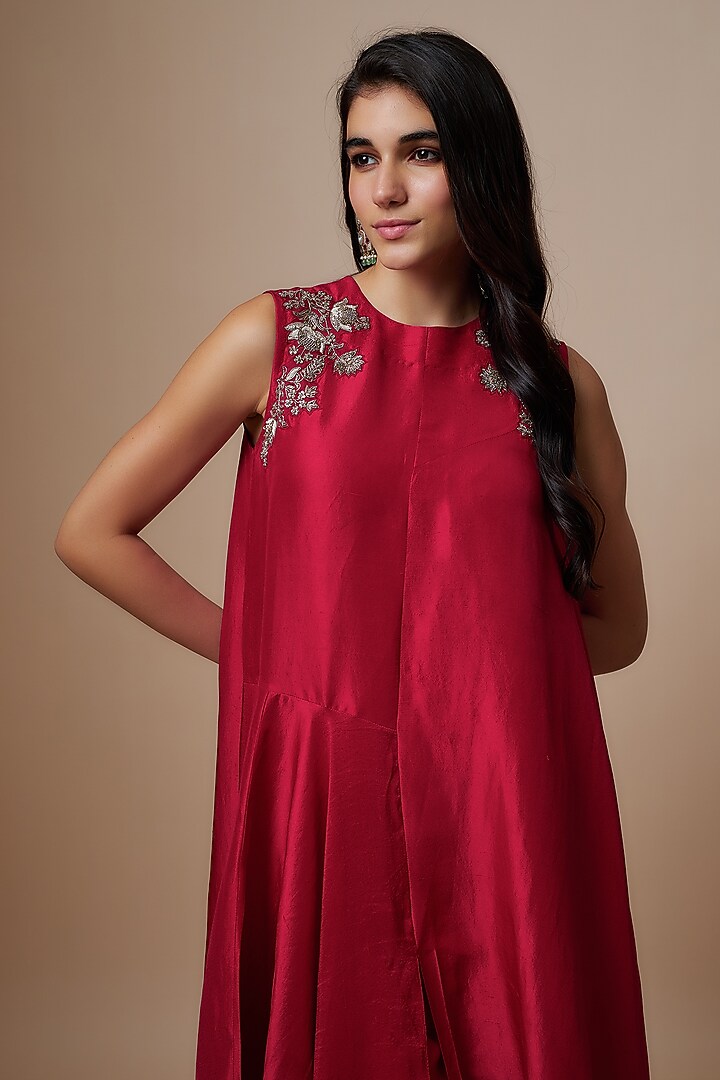 Red Silk Zari Embroidered Flowy Maxi Cocktail Dress by Jayanti Reddy at Pernia's Pop Up Shop
