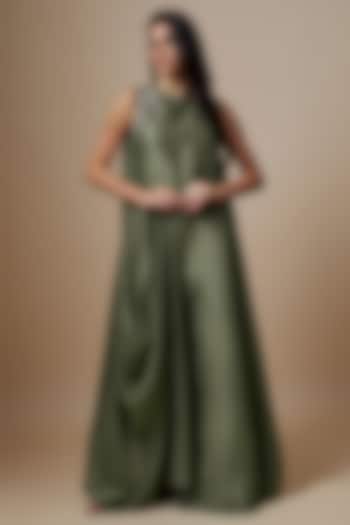 Mint Green Silk Zari Embroidered Flowy Maxi Dress by Jayanti Reddy