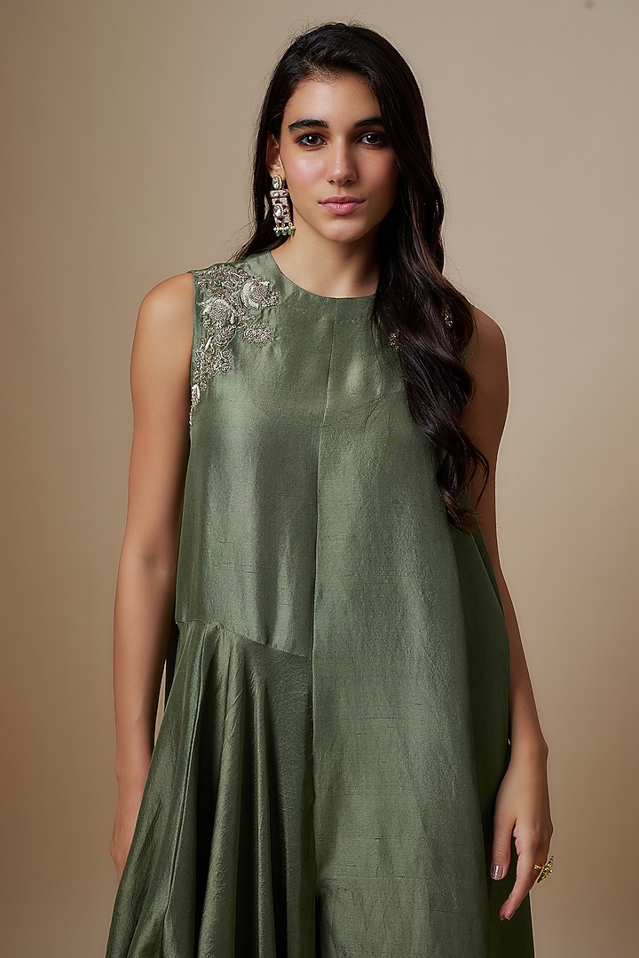 Mint Green Silk Zari Embroidered Flowy Maxi Cocktail Dress by Jayanti Reddy at Pernia's Pop Up Shop