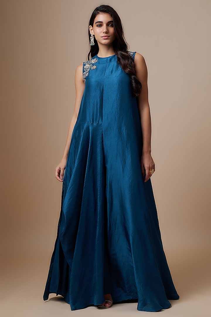 Navy Blue Silk Zari Embroidered Flowy Maxi Dress by Jayanti Reddy