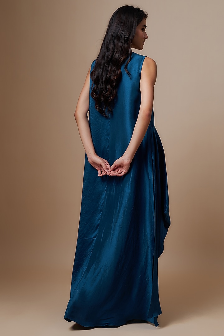 Navy Blue Silk Zari Embroidered Flowy Maxi Cocktail Dress by Jayanti Reddy at Pernia's Pop Up Shop