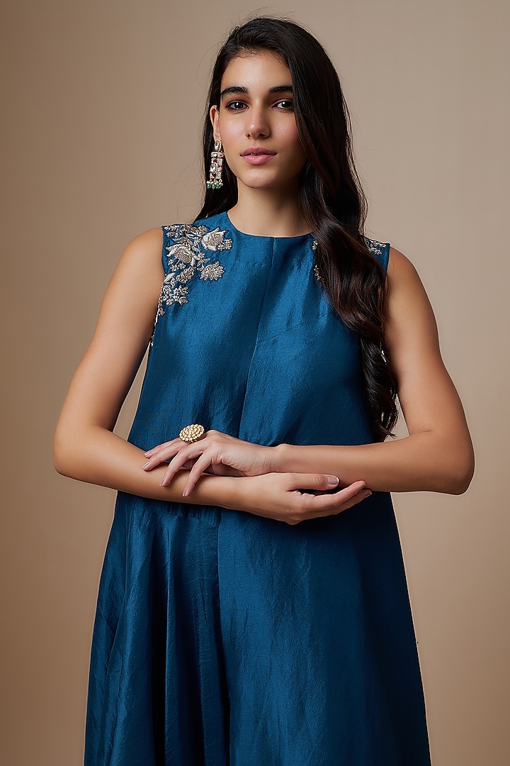 Navy Blue Silk Zari Embroidered Flowy Maxi Cocktail Dress by Jayanti Reddy at Pernia's Pop Up Shop