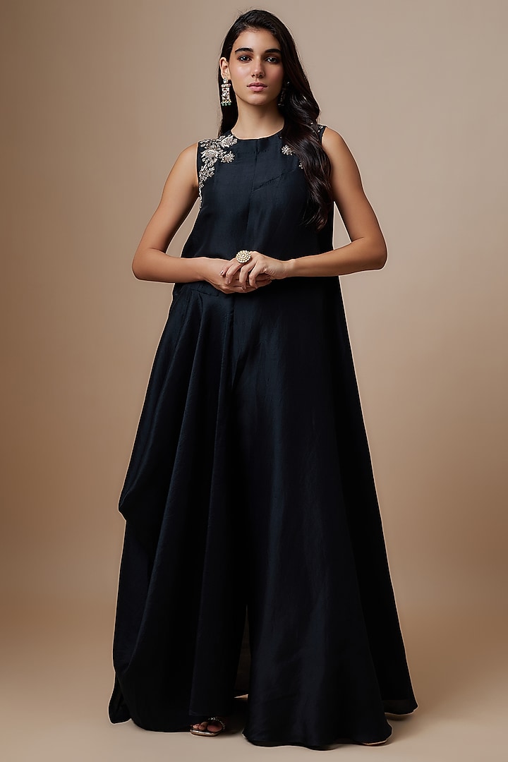 Black Silk Zari Embroidered Flowy Maxi Dress by Jayanti Reddy