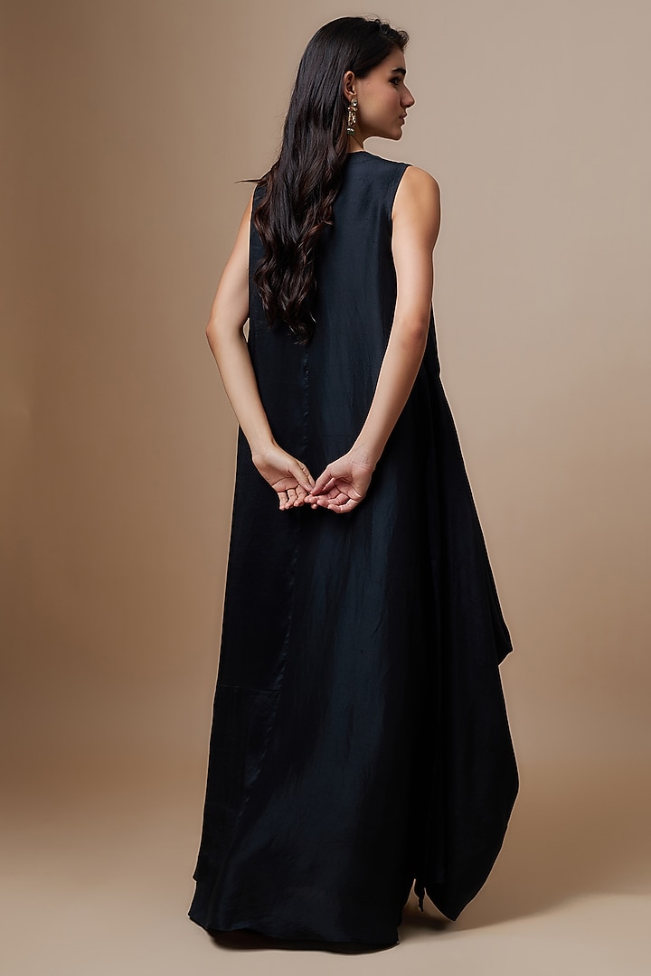 Black Silk Zari Embroidered Flowy Maxi Cocktail Dress by Jayanti Reddy at Pernia's Pop Up Shop