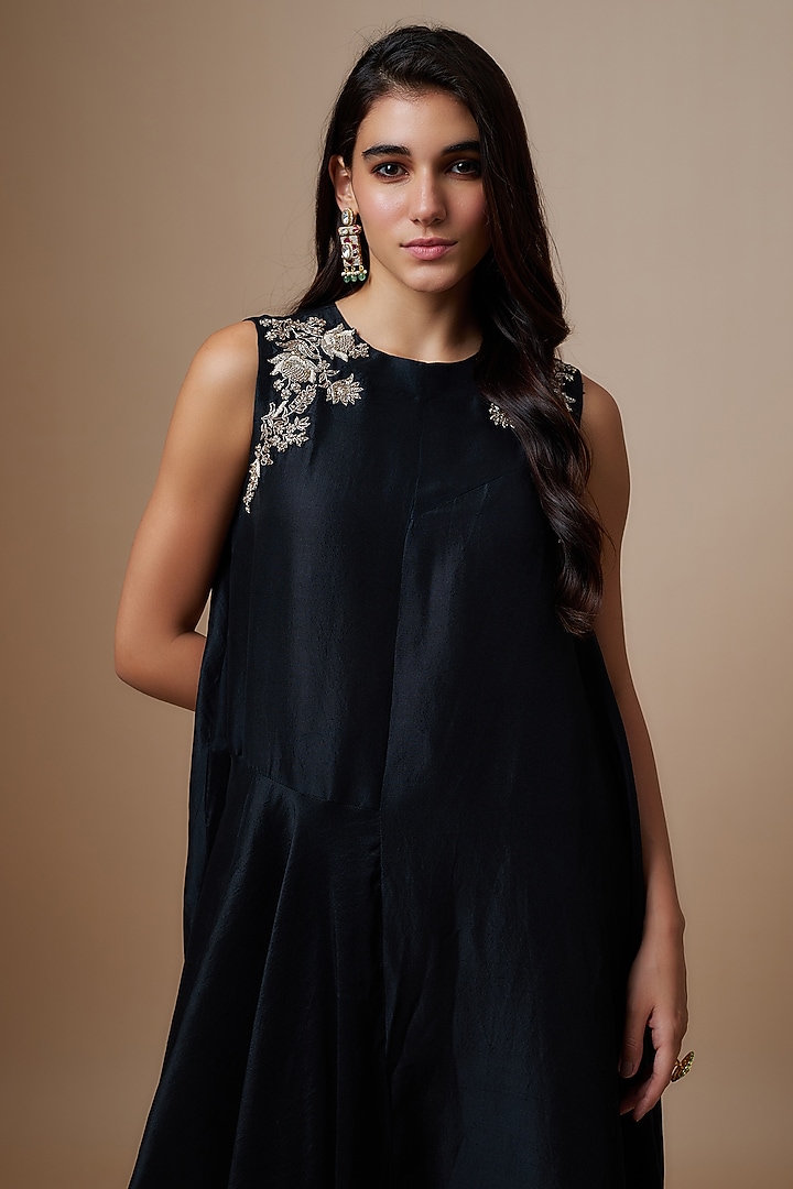 Black Silk Zari Embroidered Flowy Maxi Cocktail Dress by Jayanti Reddy at Pernia's Pop Up Shop