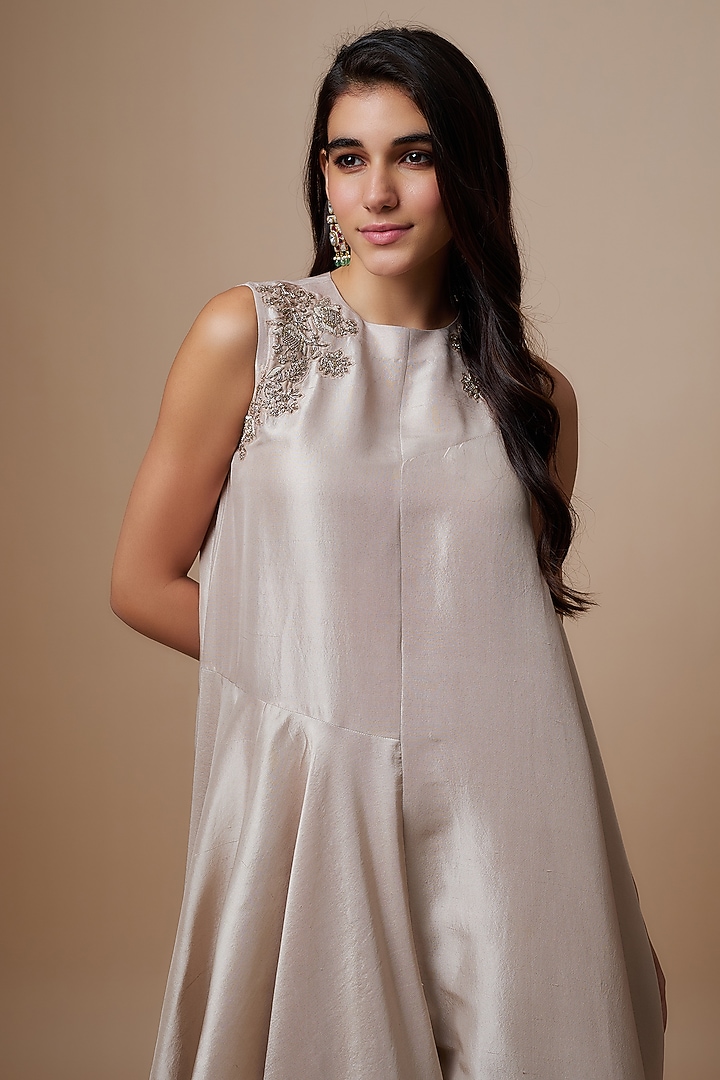 Ivory Silk Zari Embroidered Flowy Maxi Cocktail Dress by Jayanti Reddy at Pernia's Pop Up Shop