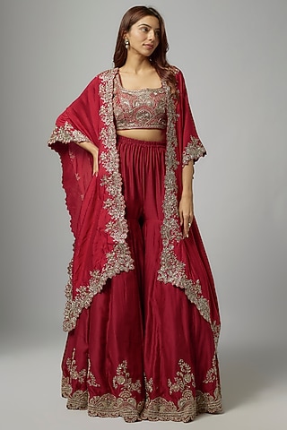 Red Silk Embroidered Cape Set by Jayanti Reddy