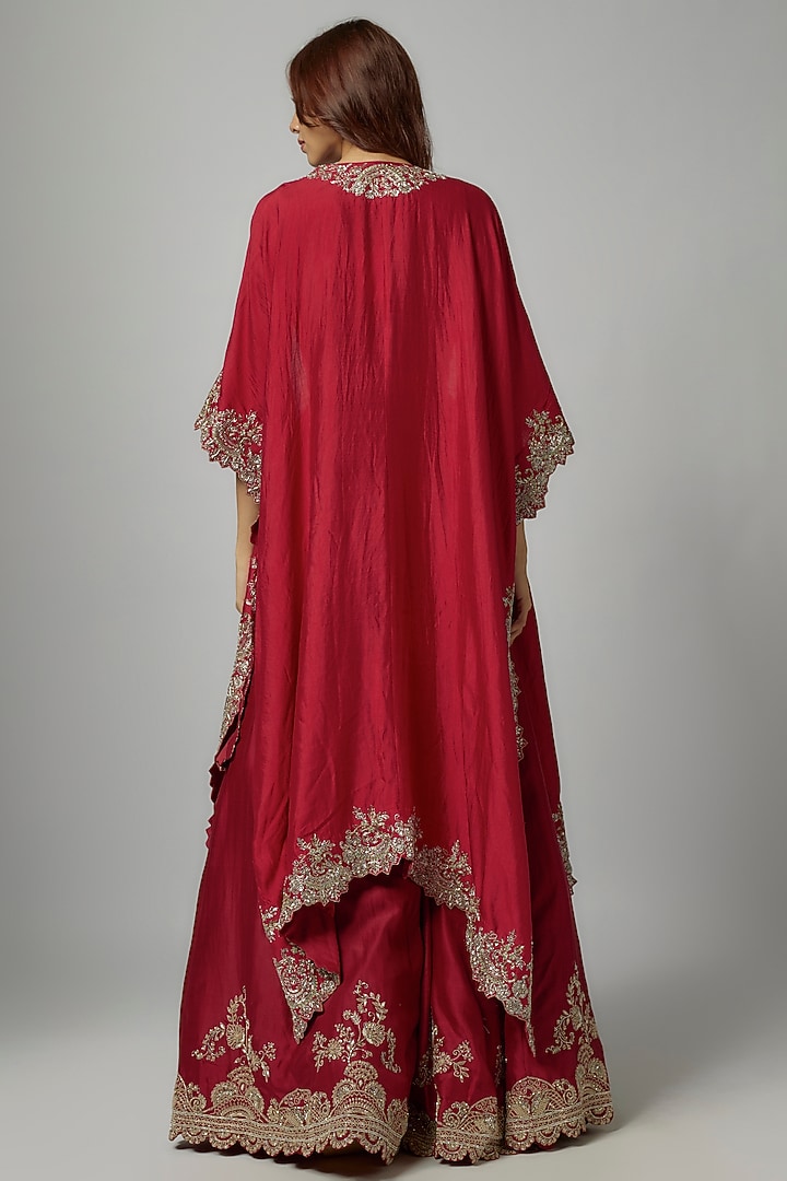 Red Silk Embroidered Cape Set by Jayanti Reddy at Pernia's Pop Up Shop