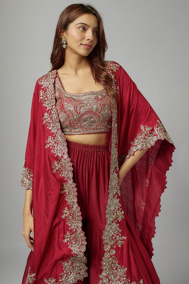 Red Silk Embroidered Cape Set by Jayanti Reddy at Pernia's Pop Up Shop