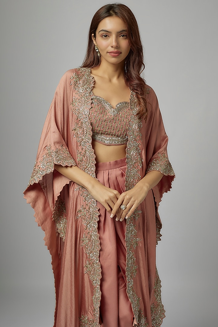 Peach Silk Embroidered Cape Set by Jayanti Reddy at Pernia's Pop Up Shop