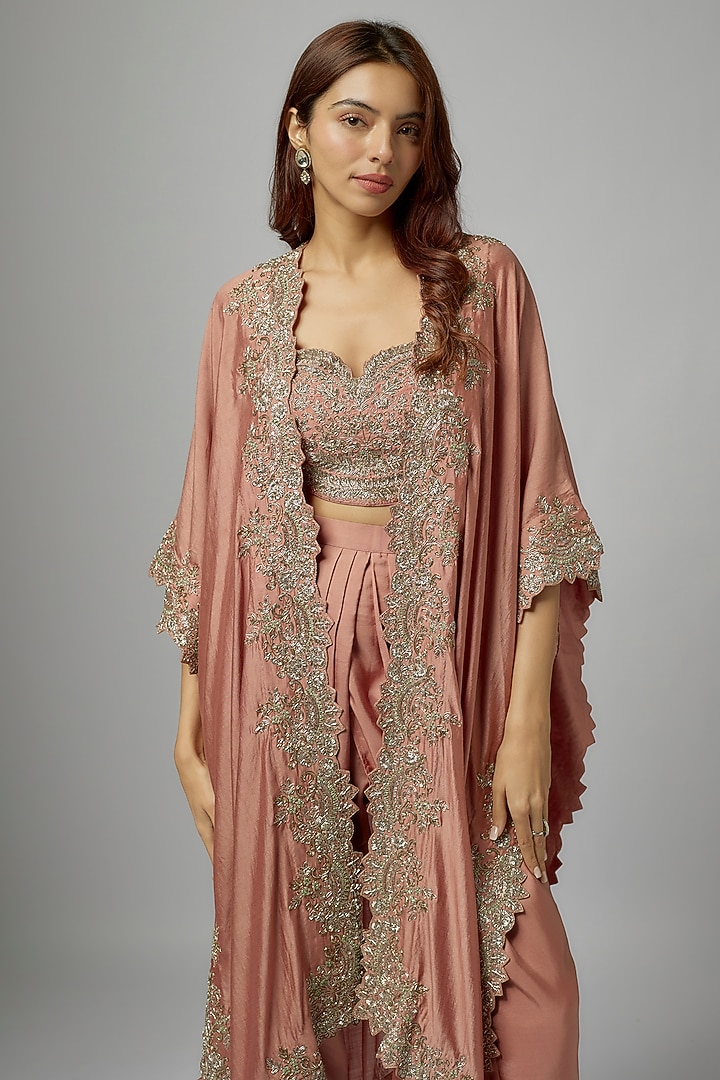 Peach Silk Embroidered Cape Set by Jayanti Reddy at Pernia's Pop Up Shop
