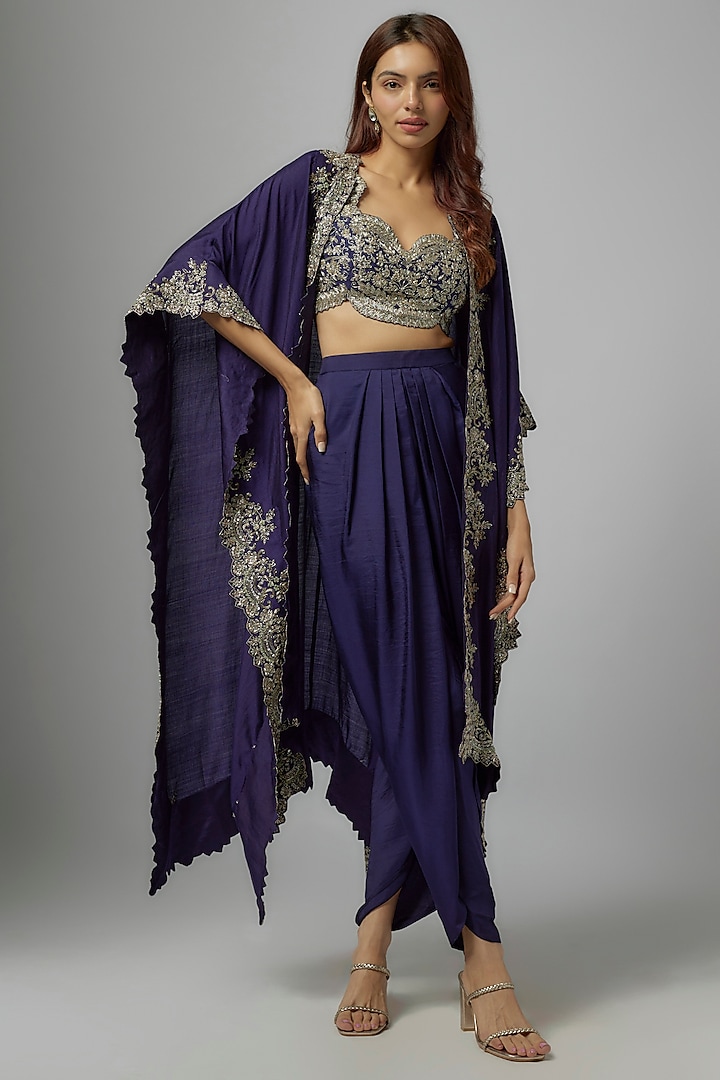 Purple Silk Embroidered Cape Set by Jayanti Reddy