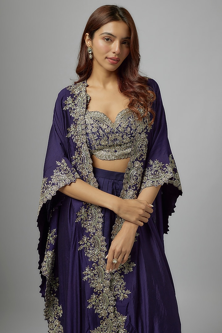 Purple Silk Embroidered Cape Set by Jayanti Reddy at Pernia's Pop Up Shop
