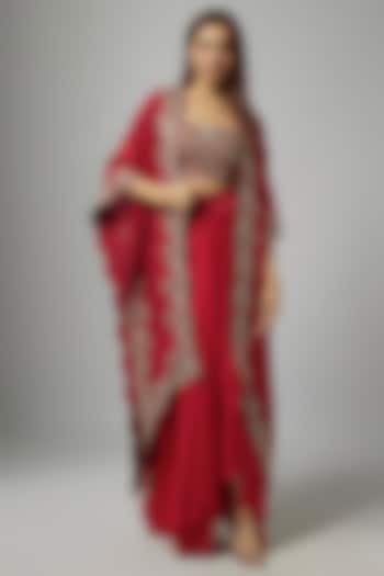 Red Silk Embroidered Cape Set by Jayanti Reddy