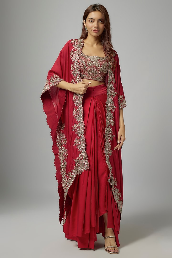 Red Silk Embroidered Cape Set by Jayanti Reddy