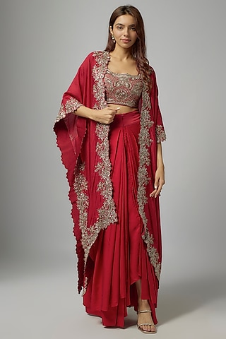 Red Silk Embroidered Cape Set by Jayanti Reddy