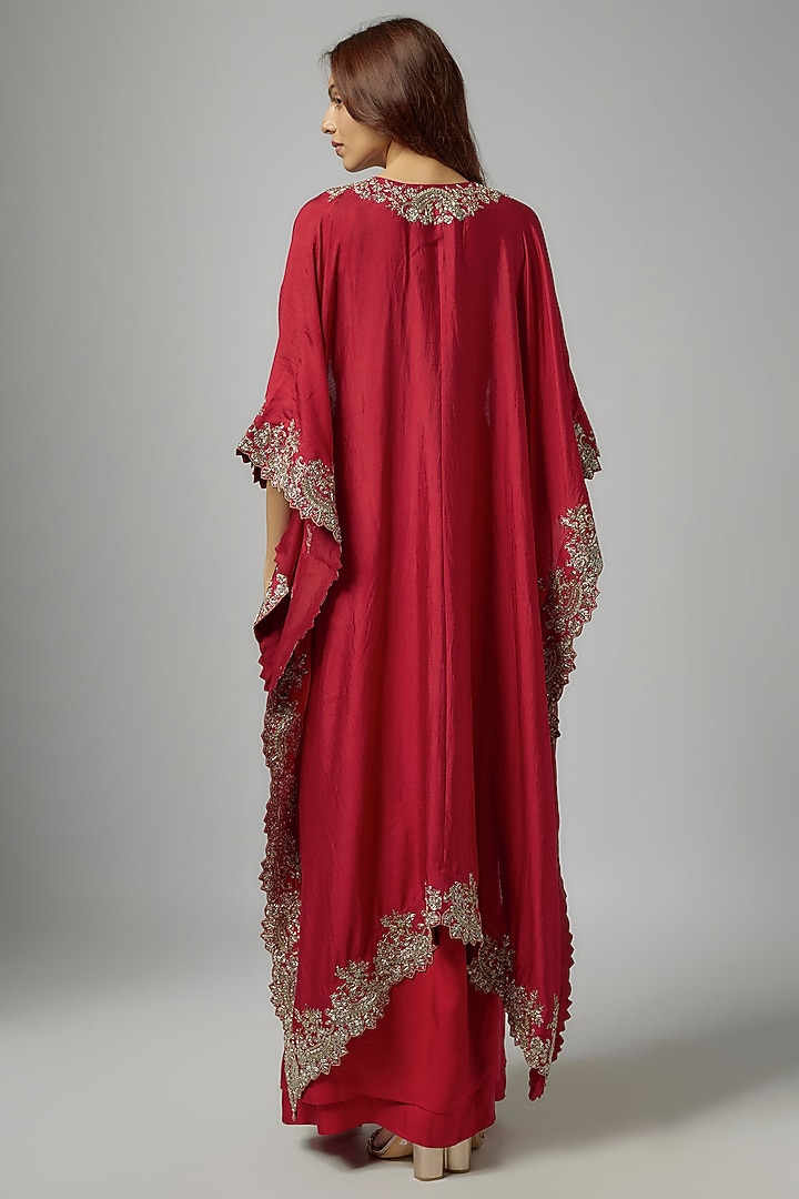 Red Silk Embroidered Cape Set by Jayanti Reddy at Pernia's Pop Up Shop