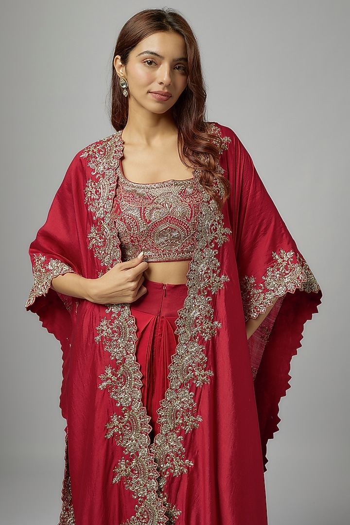 Red Silk Embroidered Cape Set by Jayanti Reddy at Pernia's Pop Up Shop