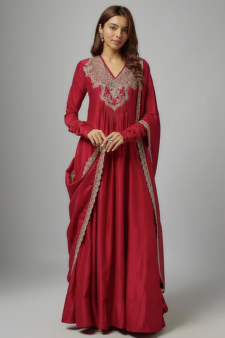 Red Silk Embroidered Anarkali Set by Jayanti Reddy