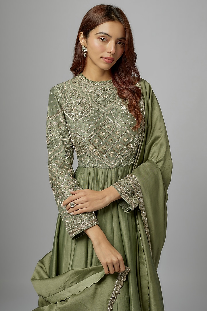 Mint Green Silk Embroidered Bridal Anarkali Set by Jayanti Reddy at Pernia's Pop Up Shop