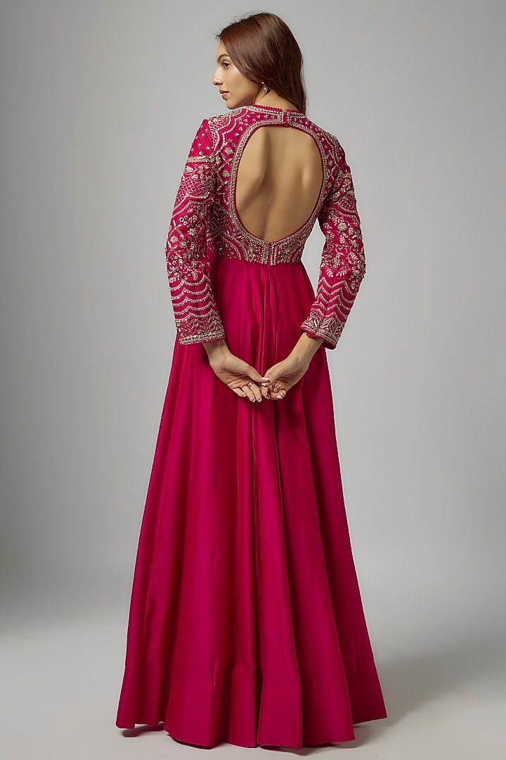 Rani Pink Silk Embroidered Bridal Anarkali Set by Jayanti Reddy at Pernia's Pop Up Shop