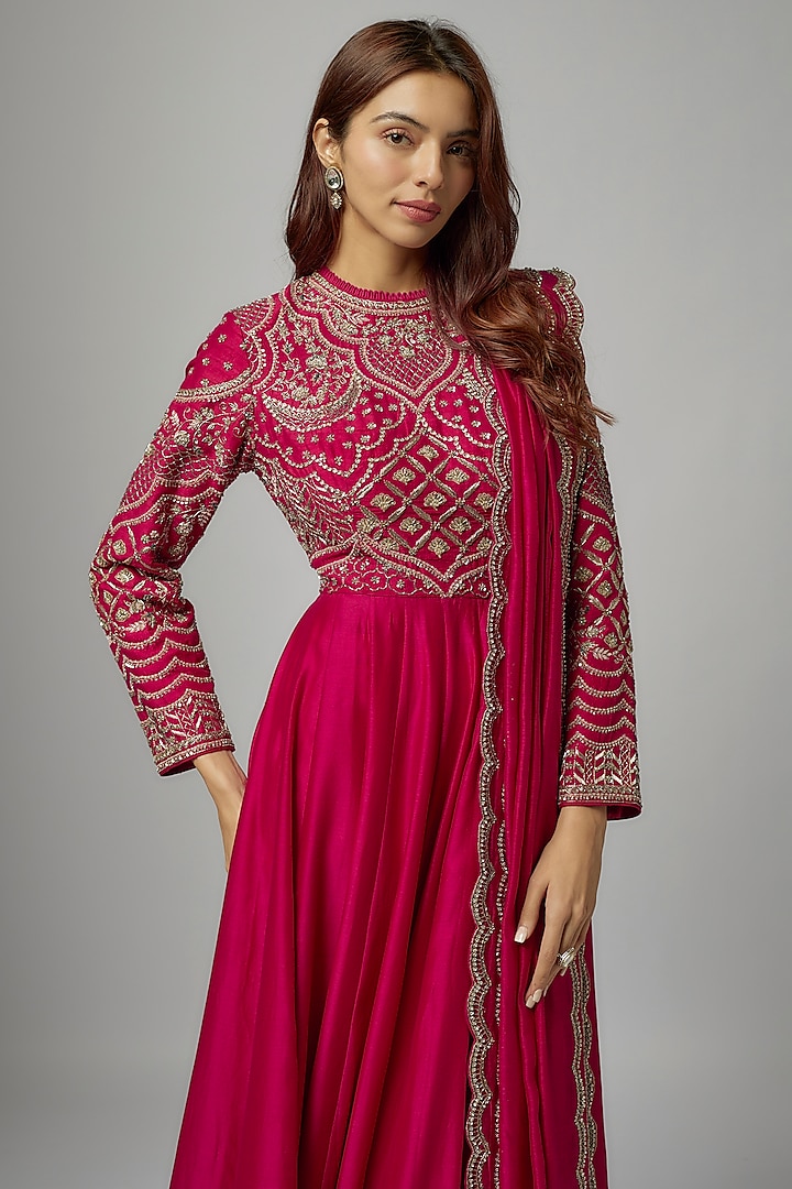 Rani Pink Silk Embroidered Bridal Anarkali Set by Jayanti Reddy at Pernia's Pop Up Shop