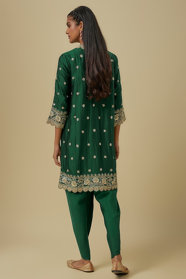 Green Silk Zardosi Embroidered Tunic Set by Jayanti Reddy at Pernia's Pop Up Shop