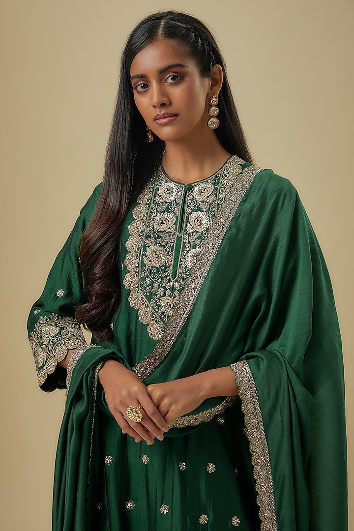 Green Silk Zardosi Embroidered Tunic Set by Jayanti Reddy at Pernia's Pop Up Shop