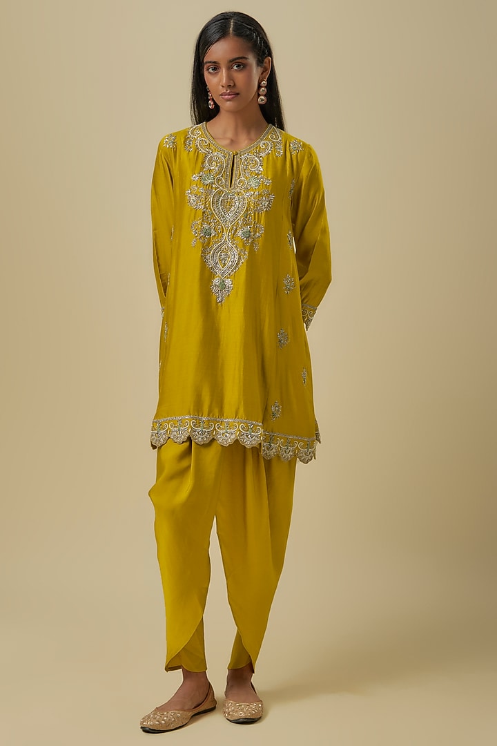 Yellow Silk Zardosi Embroidered Tunic Set by Jayanti Reddy at Pernia's Pop Up Shop