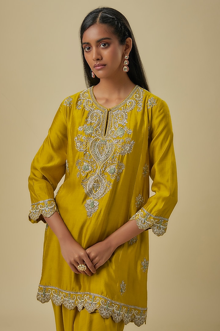 Yellow Silk Zardosi Embroidered Tunic Set by Jayanti Reddy at Pernia's Pop Up Shop