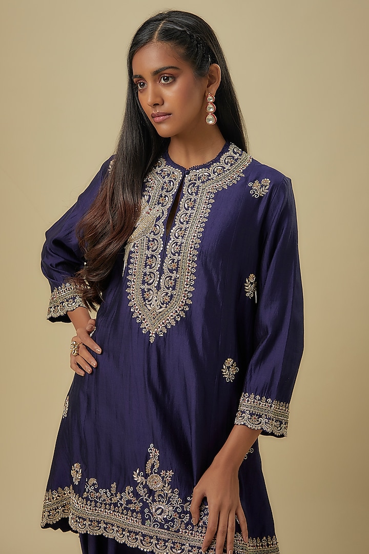 Purple Silk Zardosi Embroidered Tunic Set by Jayanti Reddy at Pernia's Pop Up Shop