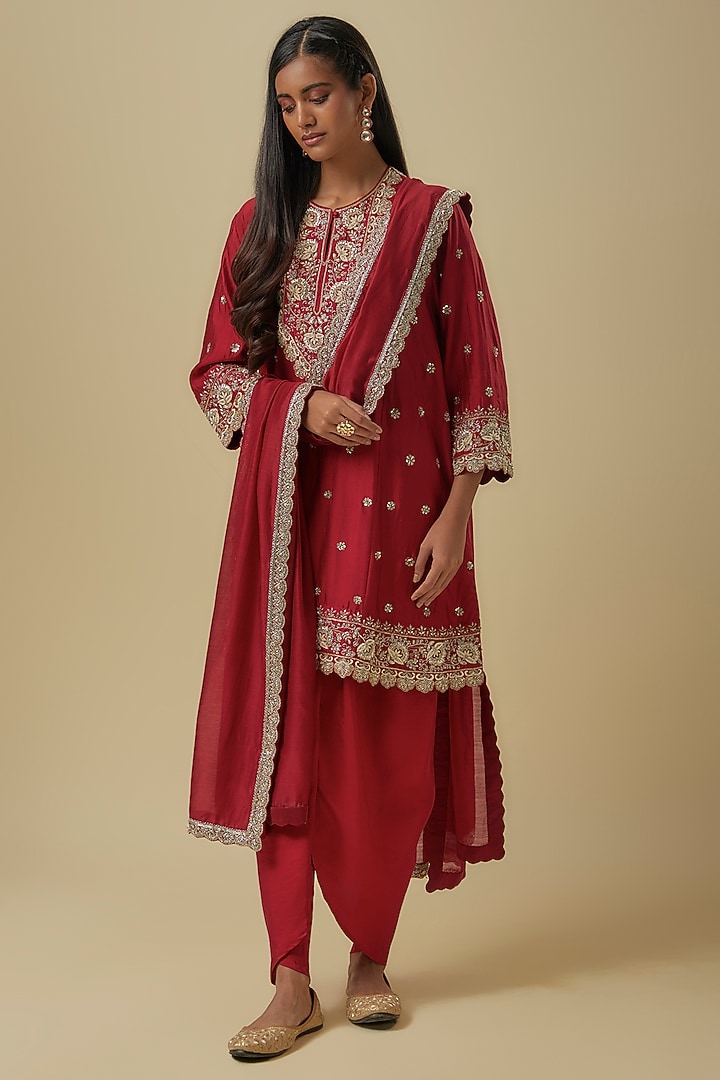Red Silk Zardosi Embroidered Tunic Set by Jayanti Reddy at Pernia's Pop Up Shop