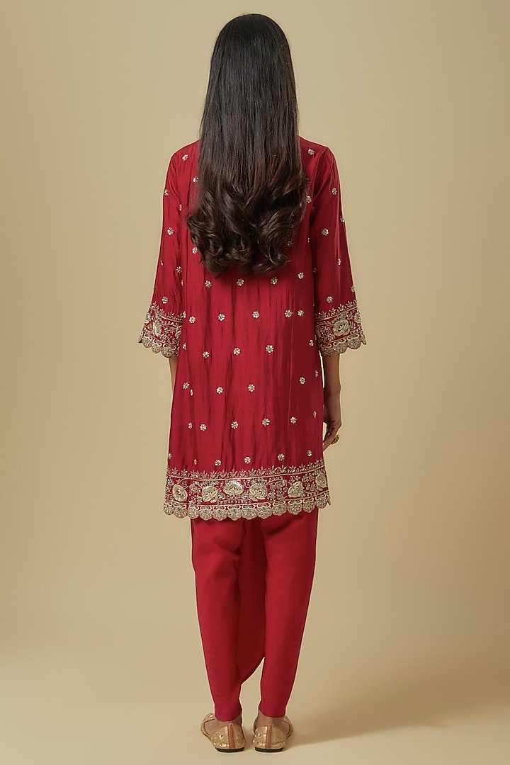 Red Silk Zardosi Embroidered Tunic Set by Jayanti Reddy at Pernia's Pop Up Shop